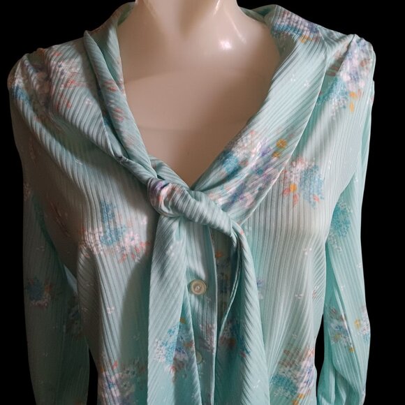 Vintage Women's Large Secretary Top Blouse Floral Tie Neck 1980's Granny Made - Picture 2 of 5